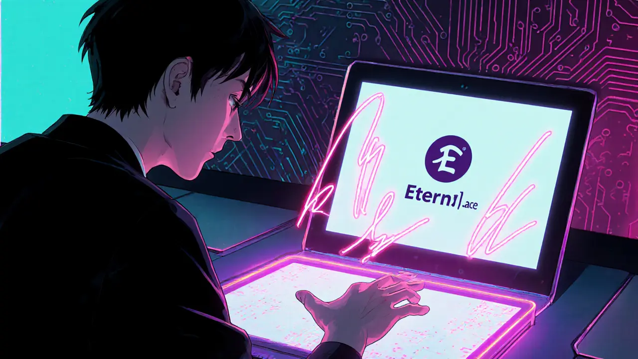 Character at a holo‑desk signing two digital signatures to claim NIGHT tokens.