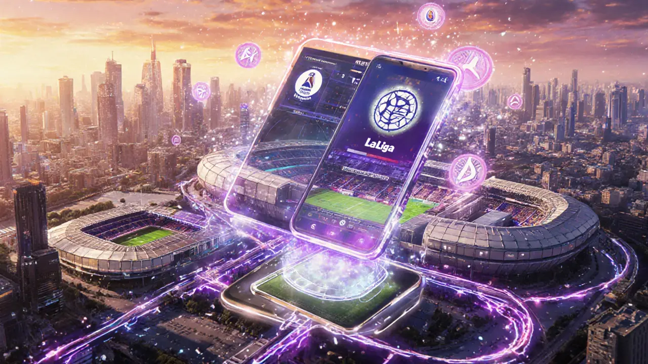 Cityscape with stadiums, mobile app, LaLiga partnership, and swirling token particles.