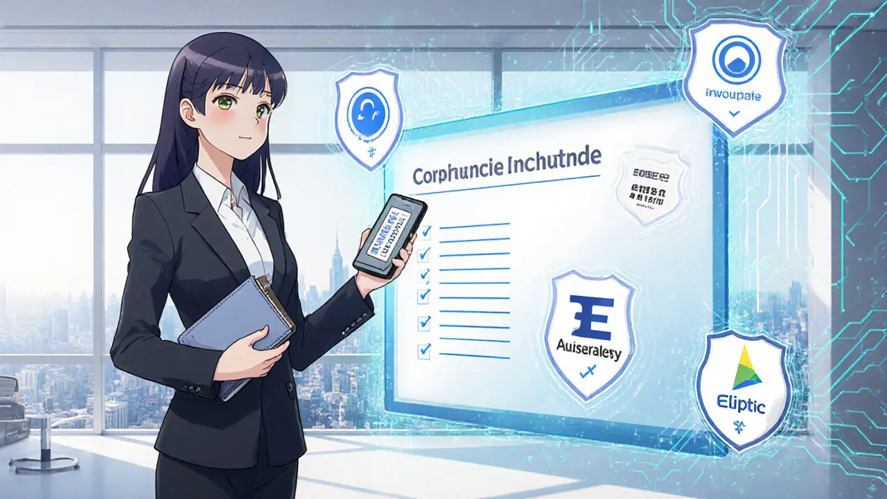 Compliance officer with hardware wallet and AML tool icons in a futuristic office.