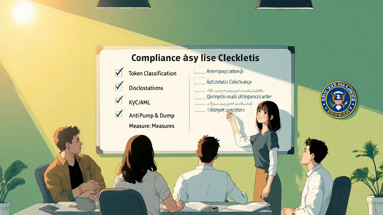 Crypto startup team reviewing a compliance checklist in a bright office.