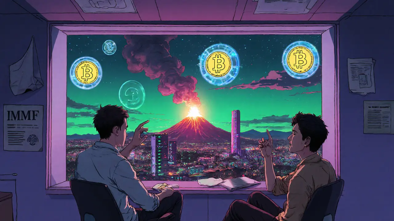 Entrepreneurs discuss a hybrid crypto future in a futuristic office overlooking a volcano.