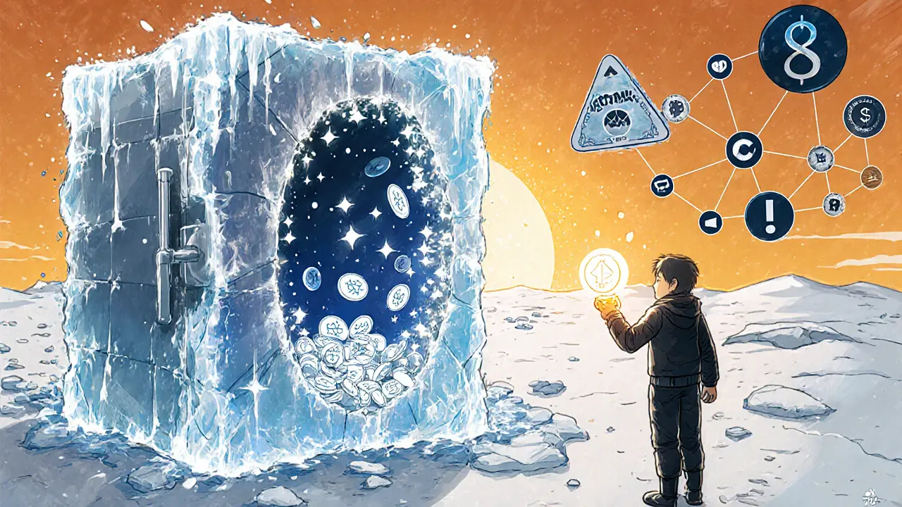 Frosted vault opening, releasing NIGHT tokens toward Cardano nodes with puzzle icons.