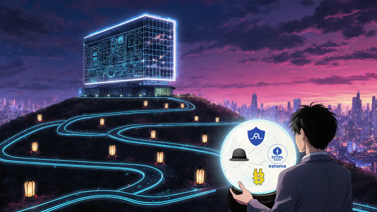 Futuristic city with a blockchain headquarters, compliance holograms, and a crystal ball showing emerging crypto sandboxes.