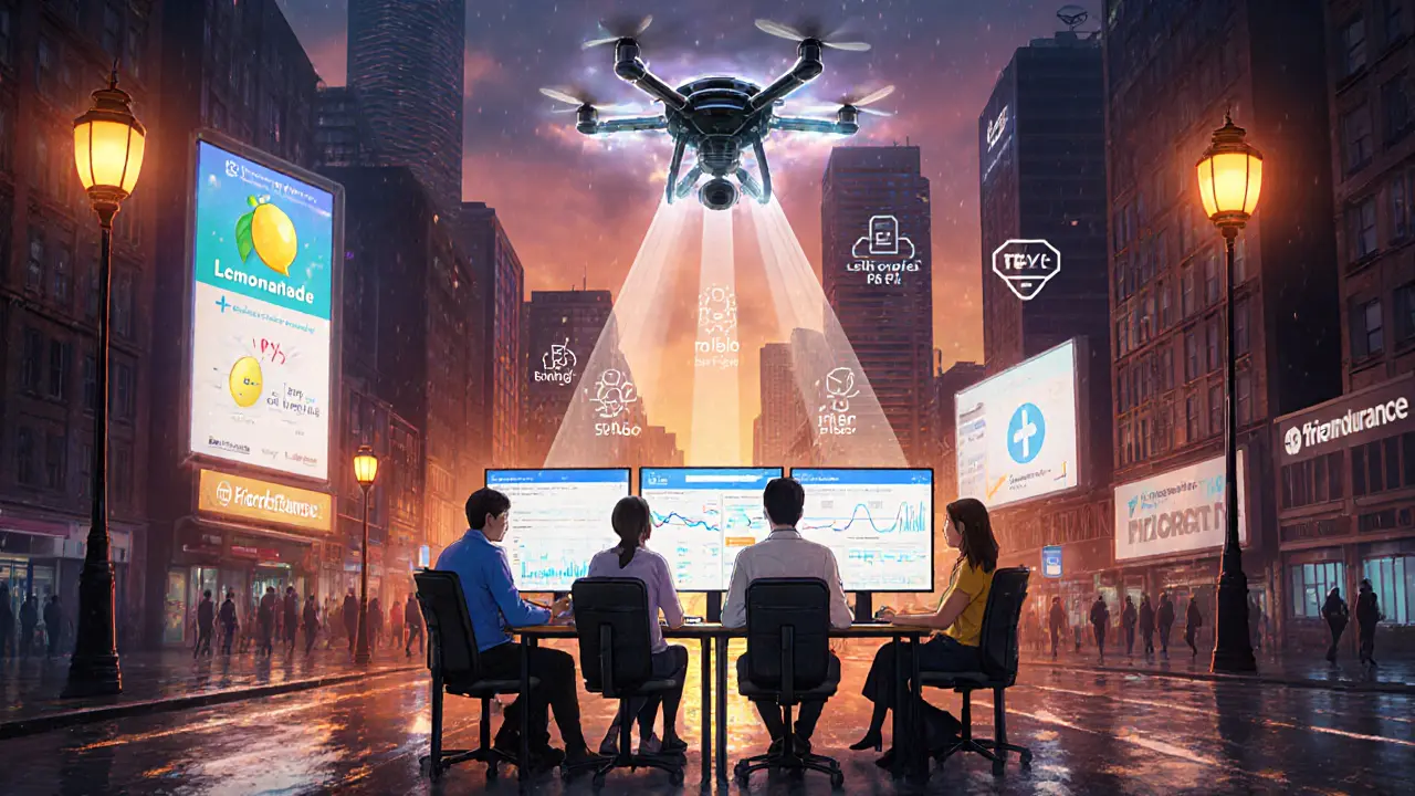 Futuristic city with freelancers using a blockchain insurance dashboard and AI assistant.
