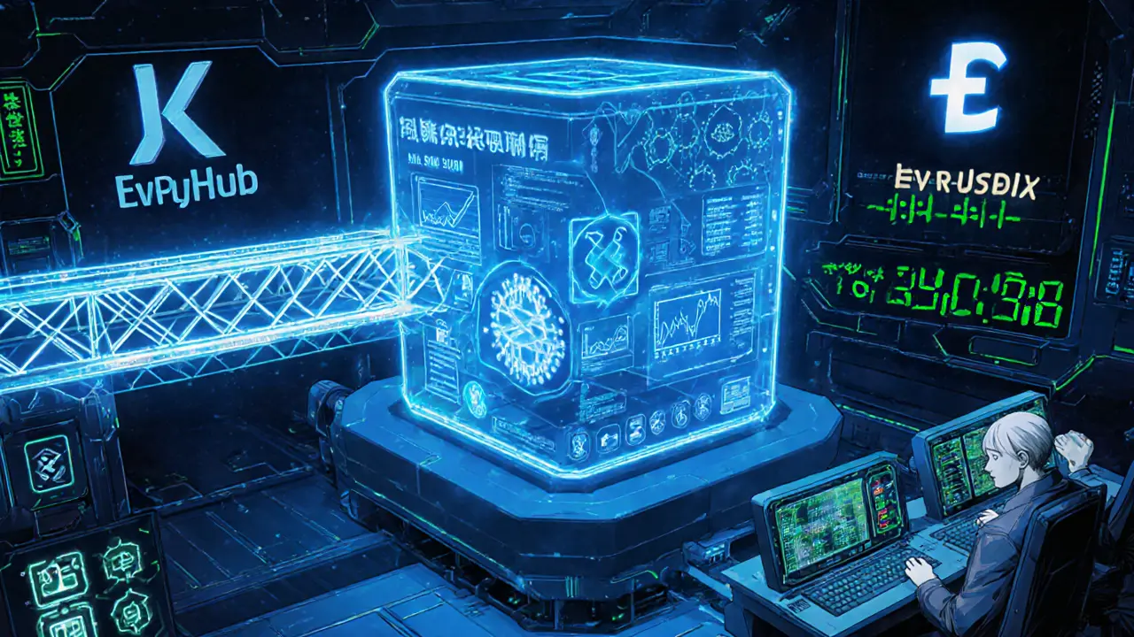 Futuristic control room showing EvryNet&#039;s Tendermint, Hybrid DEX, and MXC.