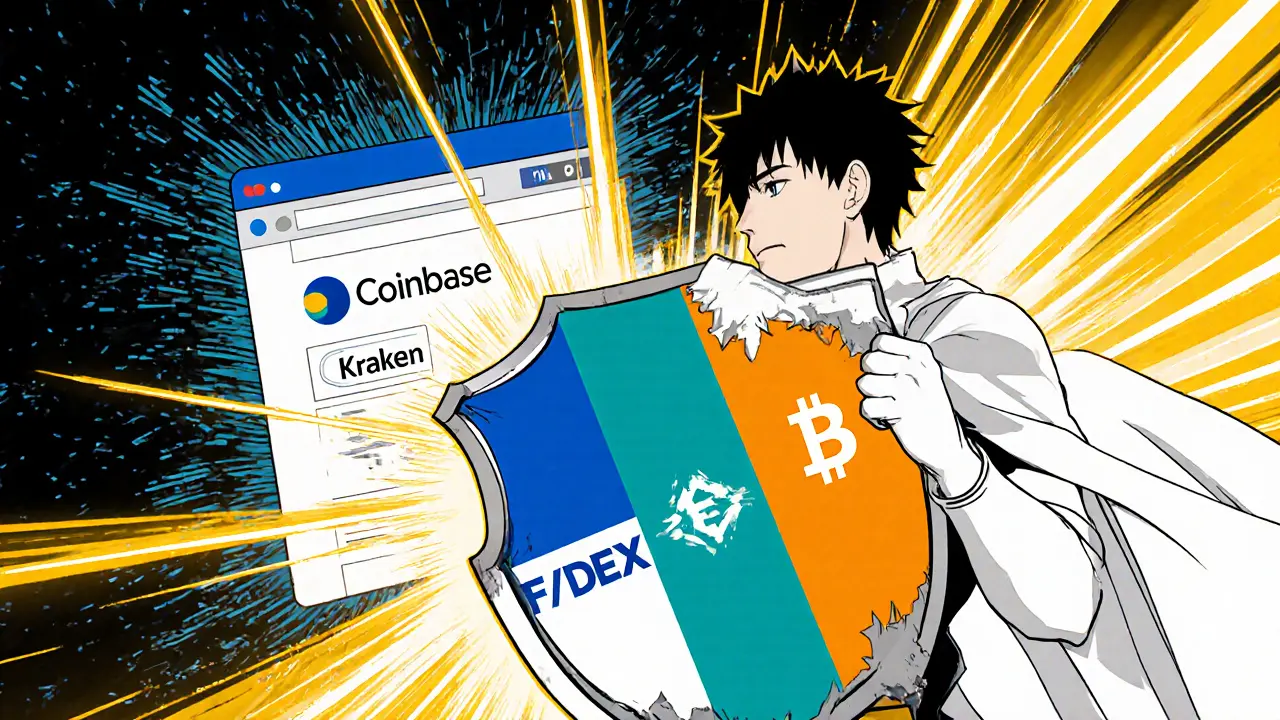 Heroic figure shielding against a dark scam website with bright exchange-themed shield.