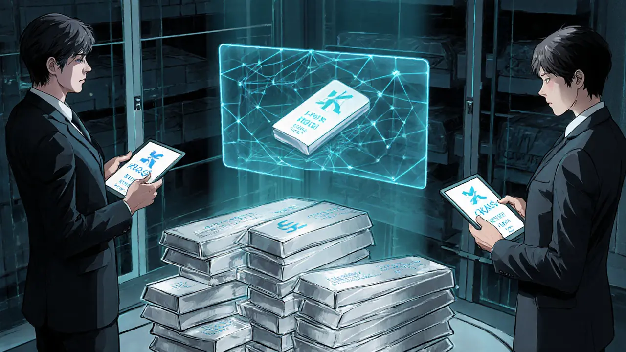 High‑tech vault with silver bars and a holographic ledger linking KAG tokens.