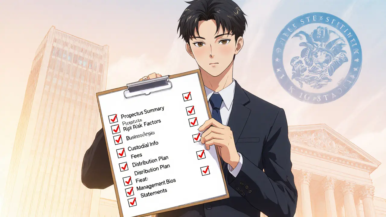 Lawyer checking off registration items on a clipboard with SEC and CFTC symbols behind.
