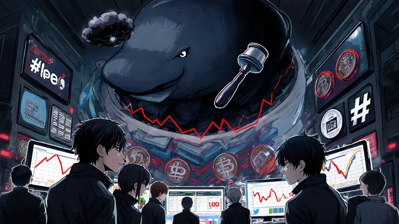 Manga illustration of a gigantic whale hovering over crypto symbols, with traders monitoring alerts and stop‑loss lines.