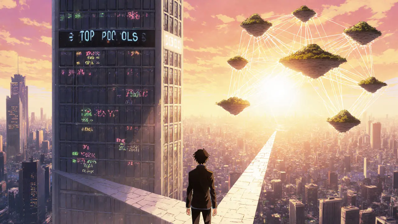 Manga illustration of a miner choosing between a giant pool tower and peer-to-peer islands.