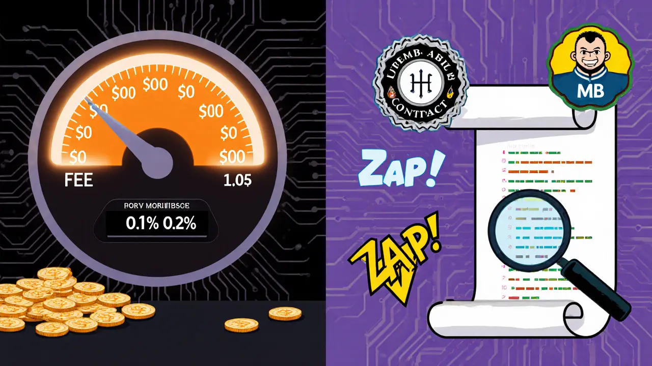 Manga illustration of gas fees gauge and audit badges reviewing smart‑contract code.