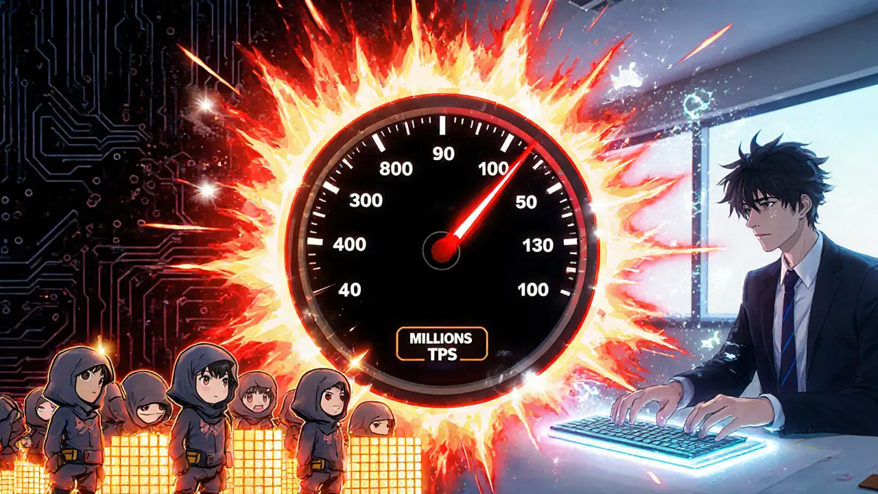 Manga illustration of speed gauges contrasting blockchain mining with fast database queries.