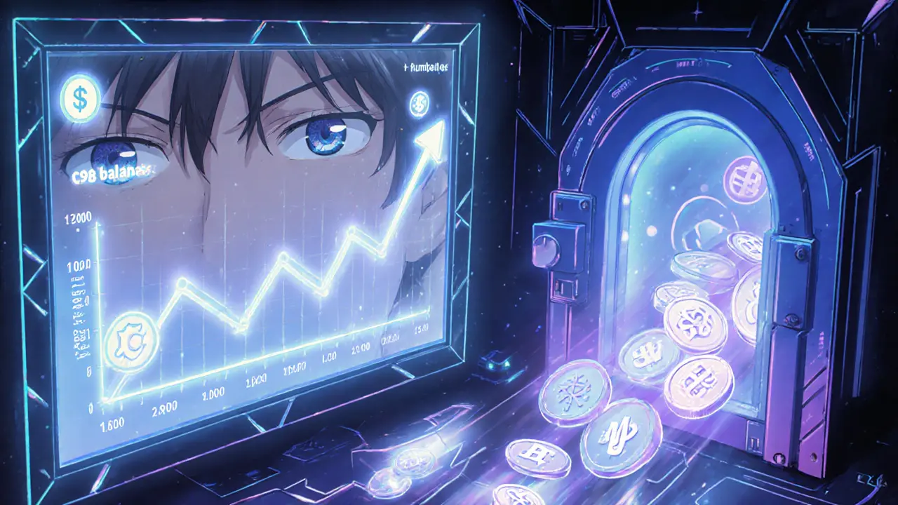 Manga panel showing snapshot graph and vault releasing airdrop tokens toward wallet.