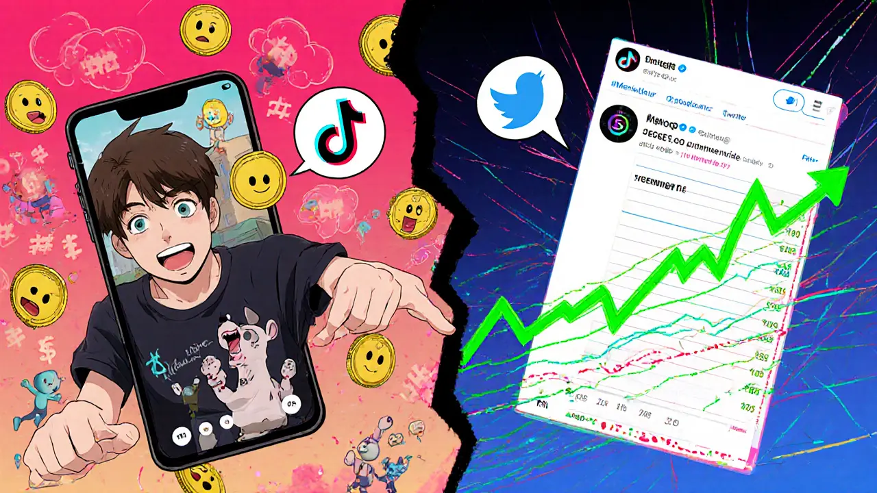 Manga split view showing a TikTok video and a Twitter thread influencing a rising price chart.