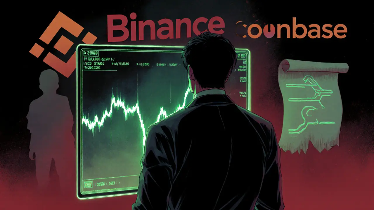 Manga trader views a volatile chart with exchange symbols and a roadmap in the background.