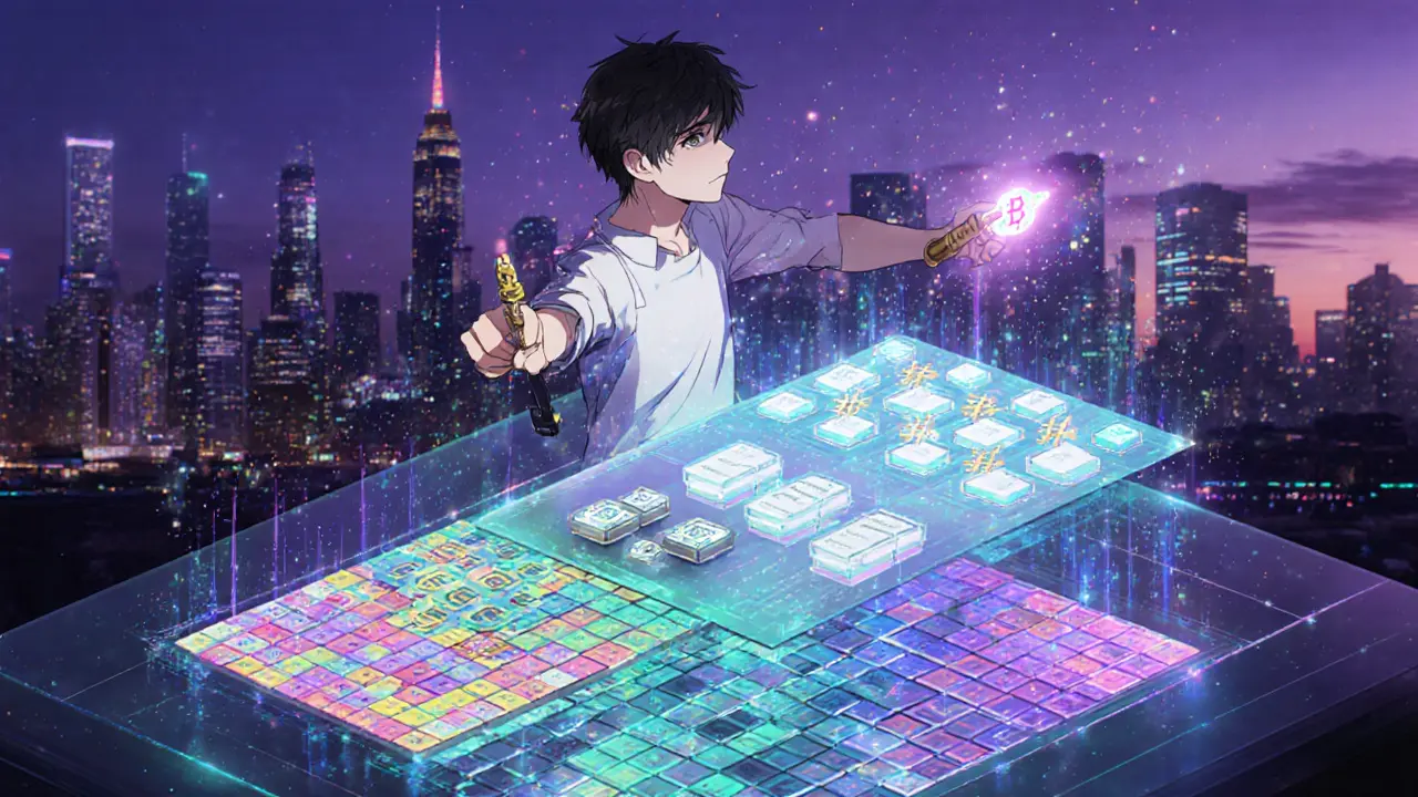Manga view of a developer using a holographic hybrid system combining blockchain blocks and database tables.