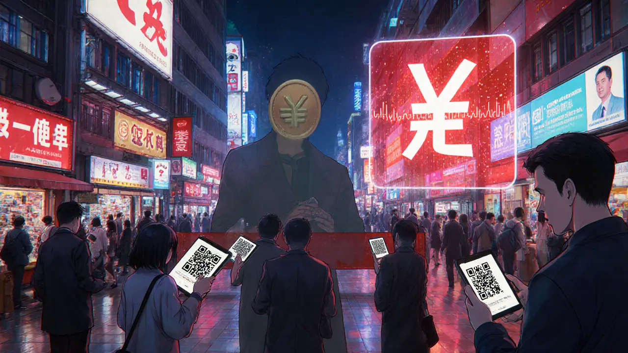 Night market scene featuring digital yuan usage, with a fading banned crypto symbol.