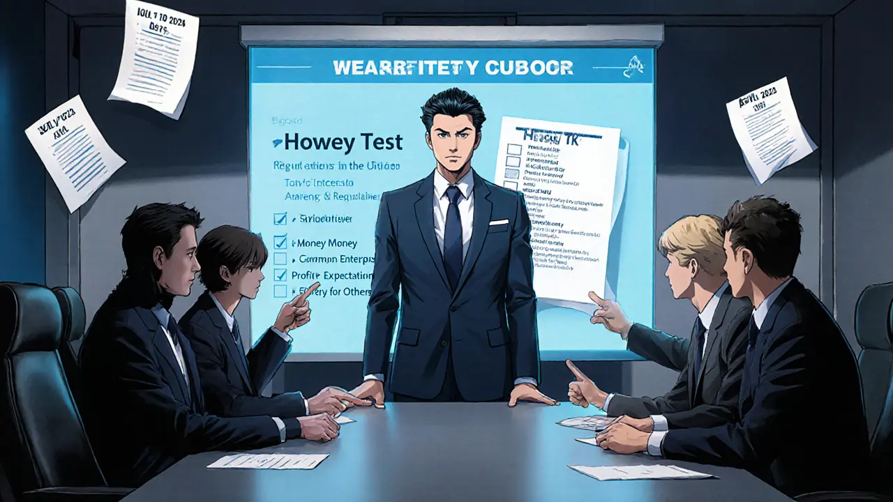 SEC task force members reviewing the Howey test on a holographic screen.