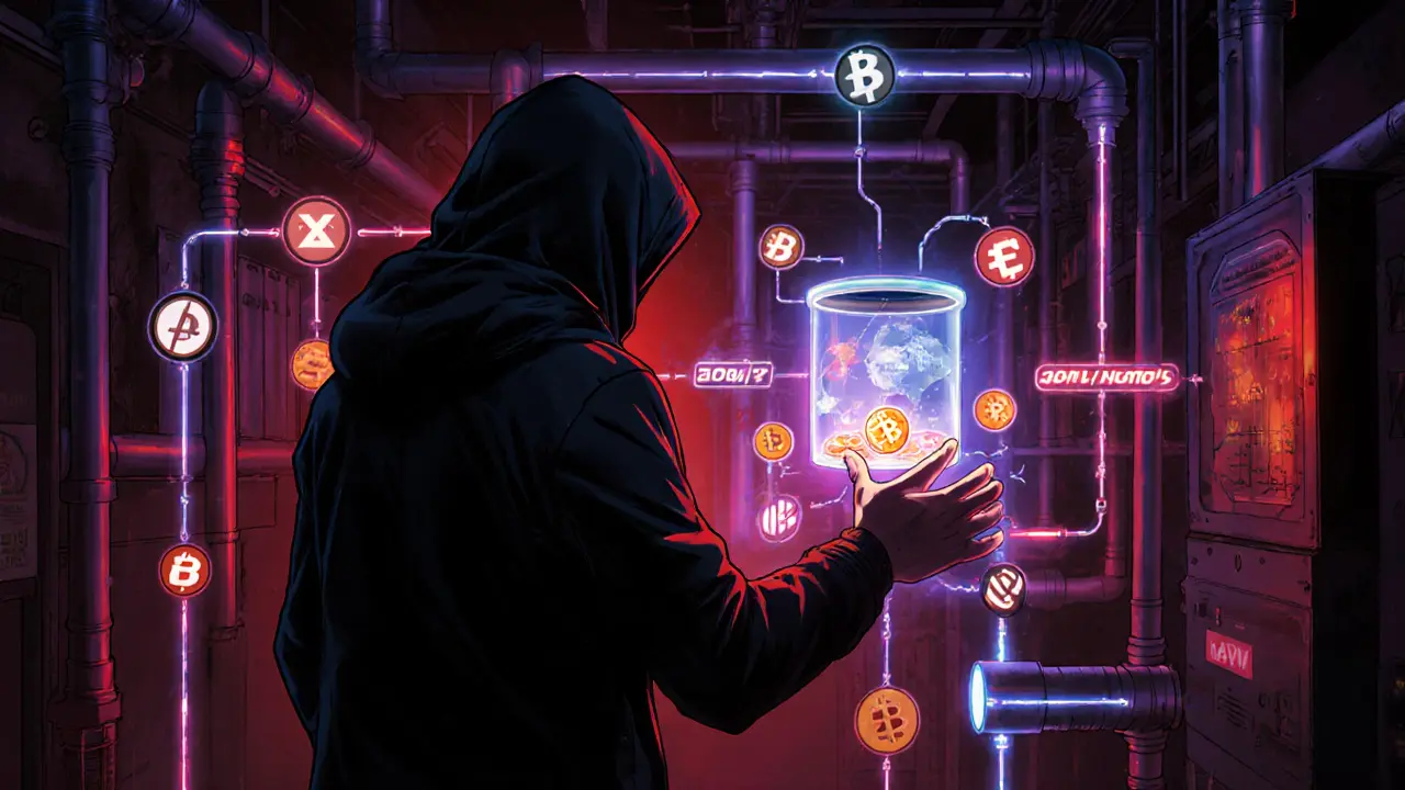 Shadowy figure routing crypto through neon pipes and a nested exchange hub.