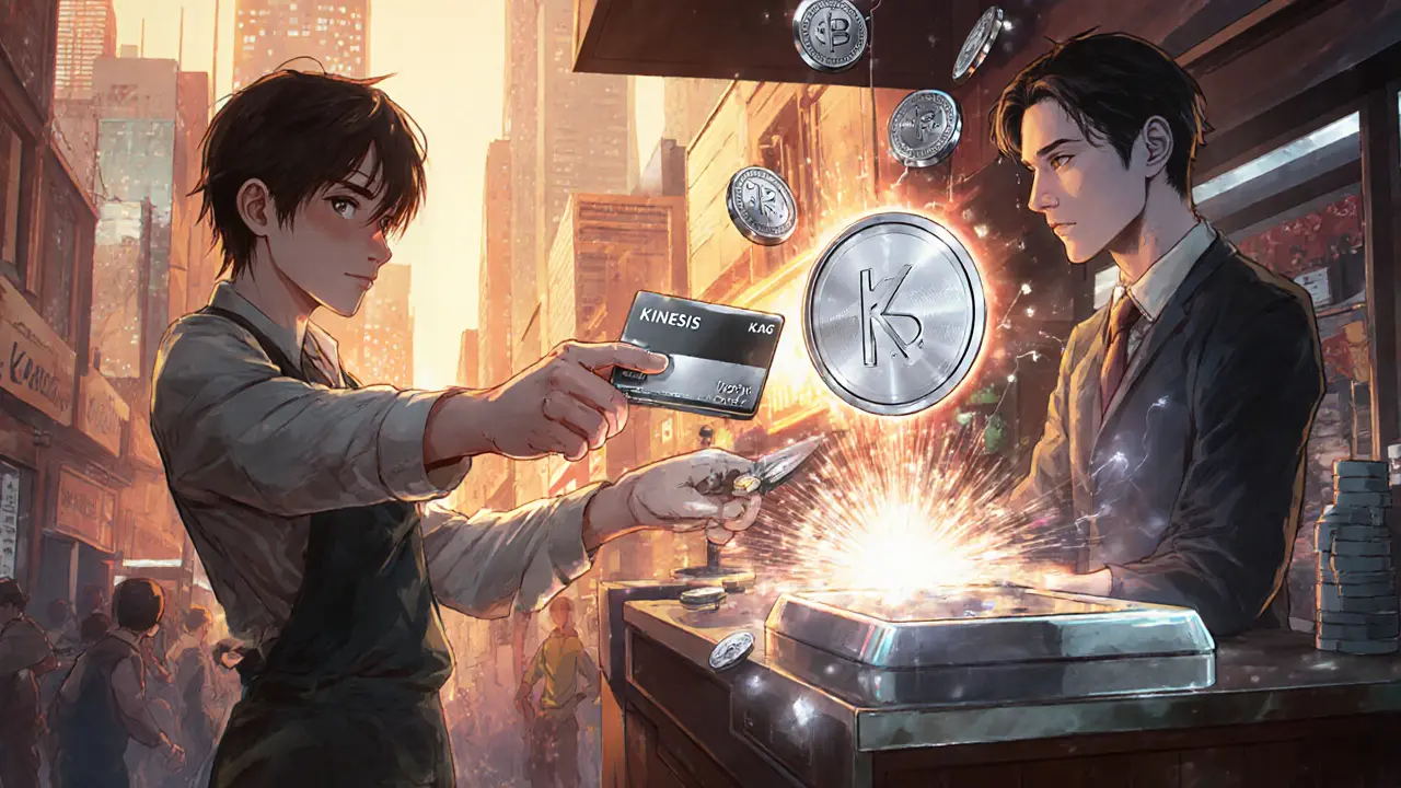 Shopkeeper accepting payment with a Kinesis Virtual Card emitting silver energy.