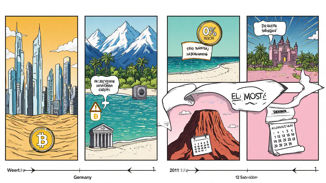 Split panel comparing UAE, Switzerland, Singapore, Cayman Islands, Bermuda, El Salvador, and Germany with distinctive symbols and setup timelines.
