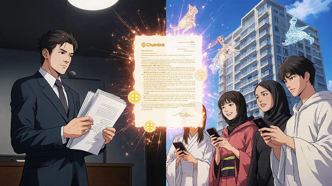 Split scene: traditional paper real estate vs. global investors buying tokenized property on smartphones.