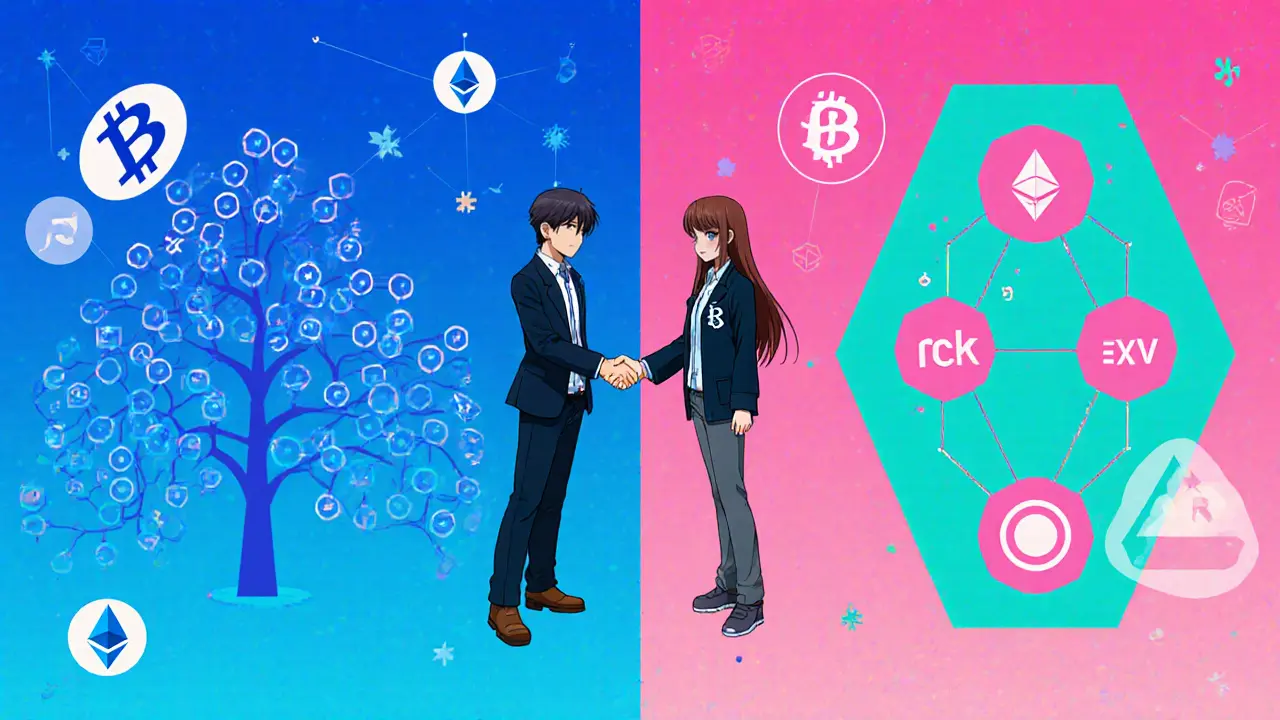 Split‑screen anime comparison of binary Merkle tree and Merkle‑Patricia trie with Bitcoin and Ethereum characters.