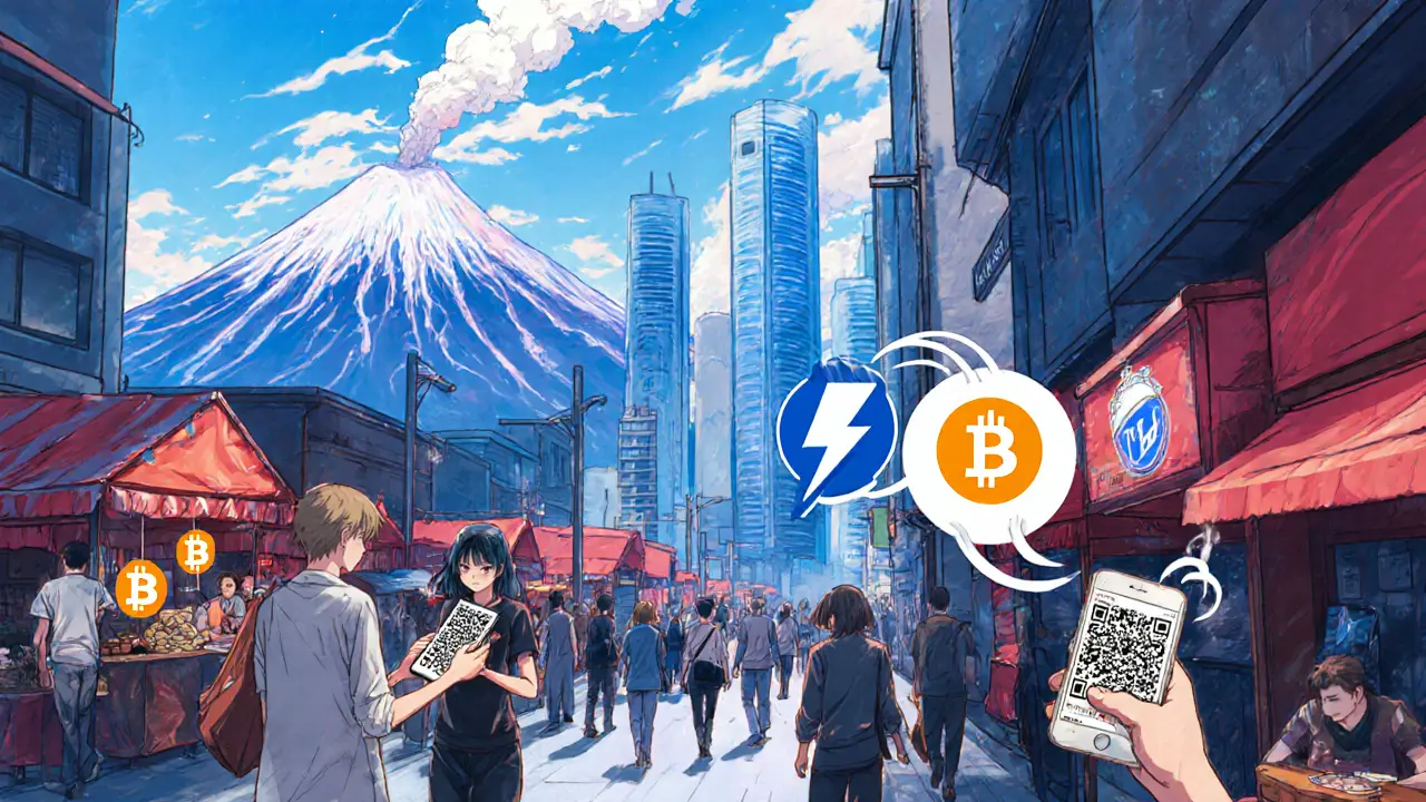 Street market in Bitcoin City where vendors accept Bitcoin payments via QR codes.