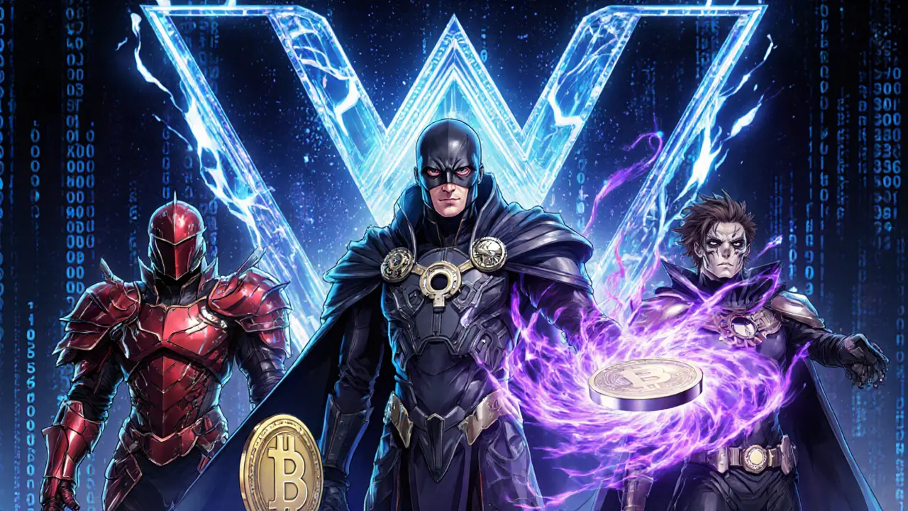 Three manga characters personify PoS, BLS, and Round Robin around a holographic blockchain logo.