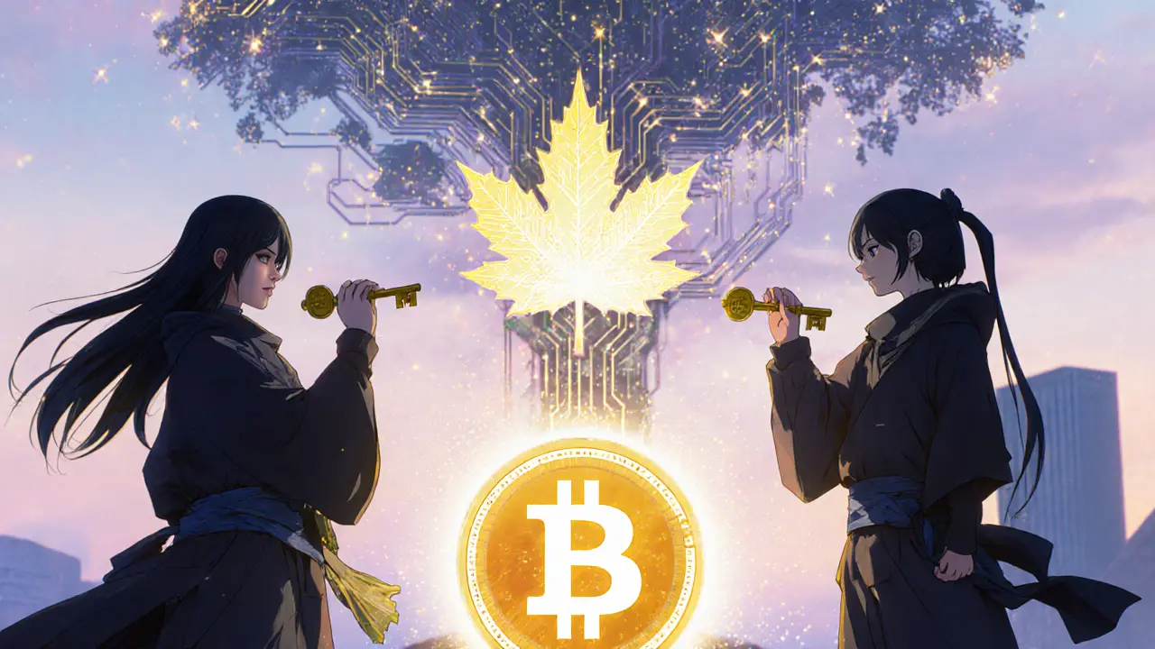 Three ninja figures merge signatures into a single sigil above a Bitcoin leaf with a glowing Merkle tree.