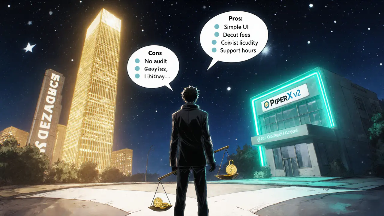 Trader at a night crossroads weighing PiperX v2 pros and cons against larger exchange, holding a scale.