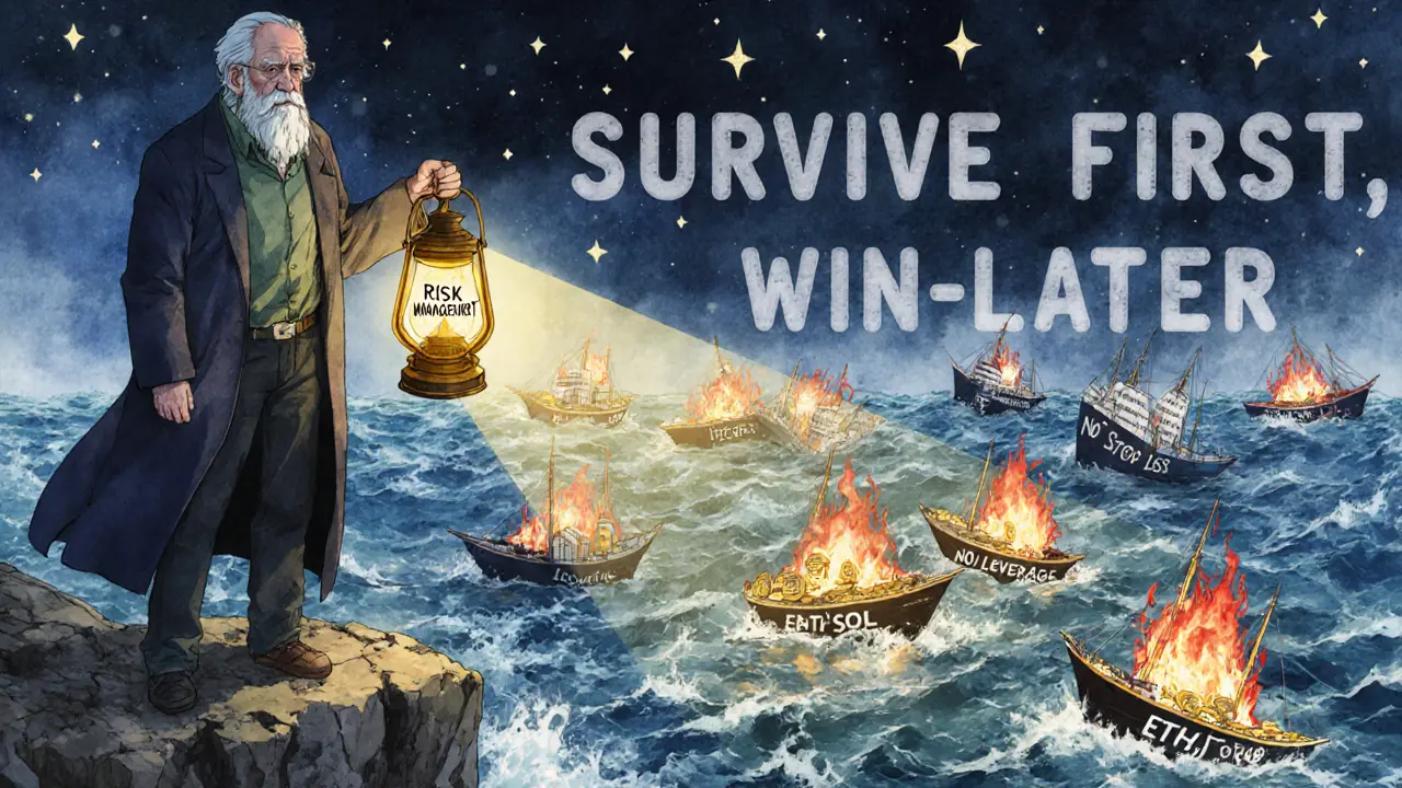 Wise trader holding a risk management lantern over safe crypto boats, sinking leveraged ships in background.