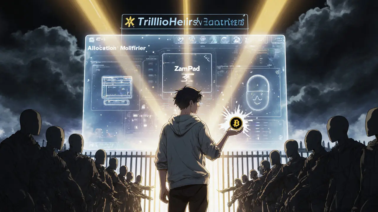 A determined investor faces a holographic 2x allocation multiplier while others reach for a locked ZamPad gate.