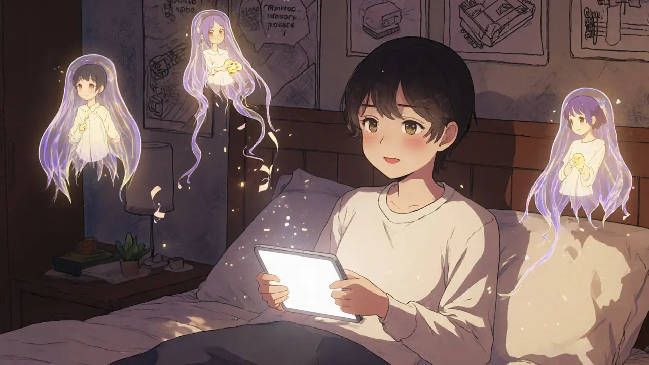 A fan streams music with floating anime spirits representing royalty owners, surrounded by manga-style panels.