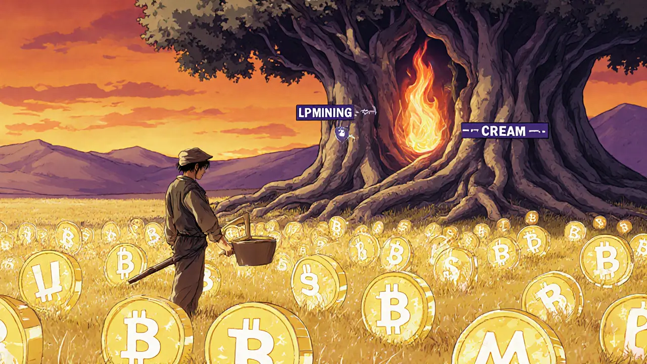 A farmer harvesting BUTTER tokens from glowing liquidity pools under a blockchain tree, with a burning treasury in the sky.