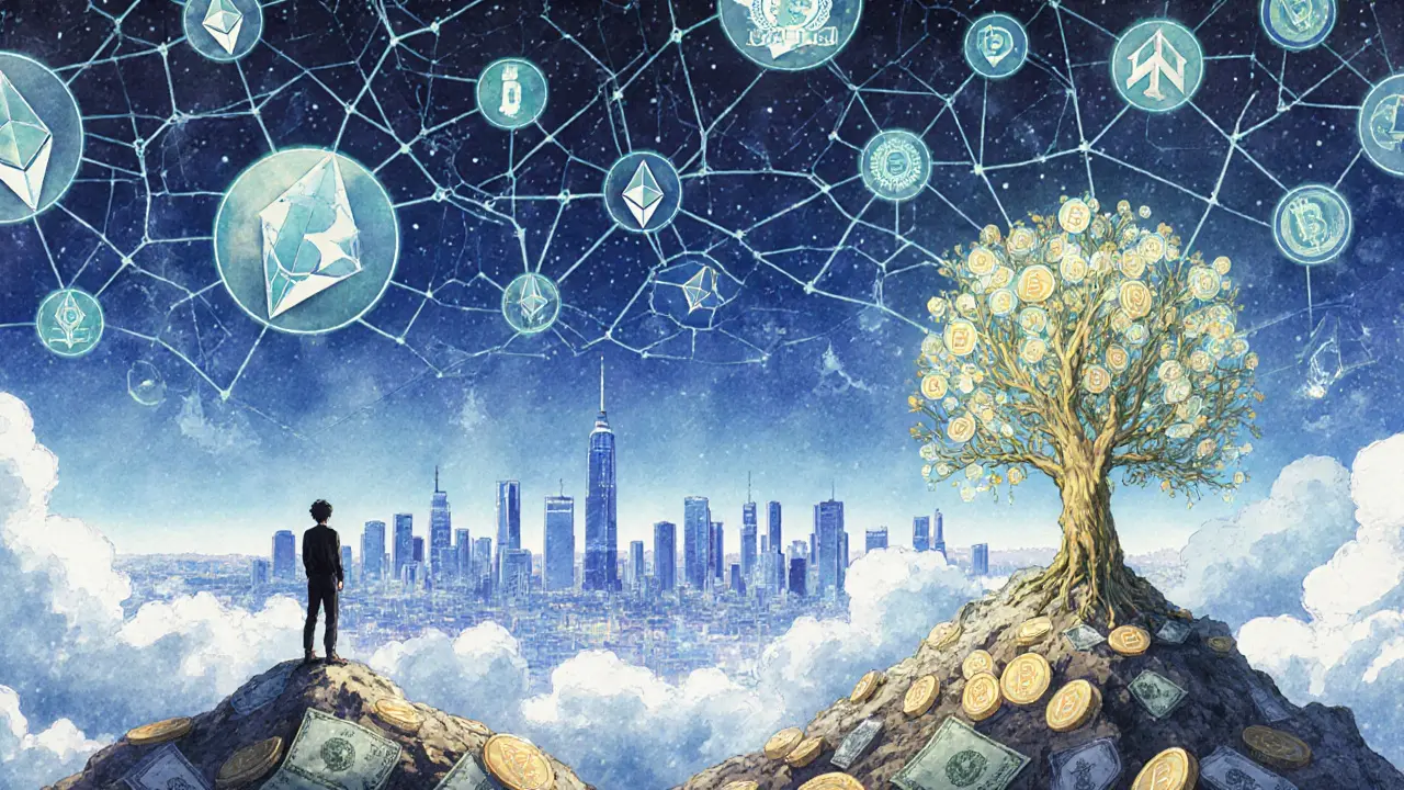 A figure atop traditional assets gazing at a blockchain tree with Ethereum vines spreading across global cities.