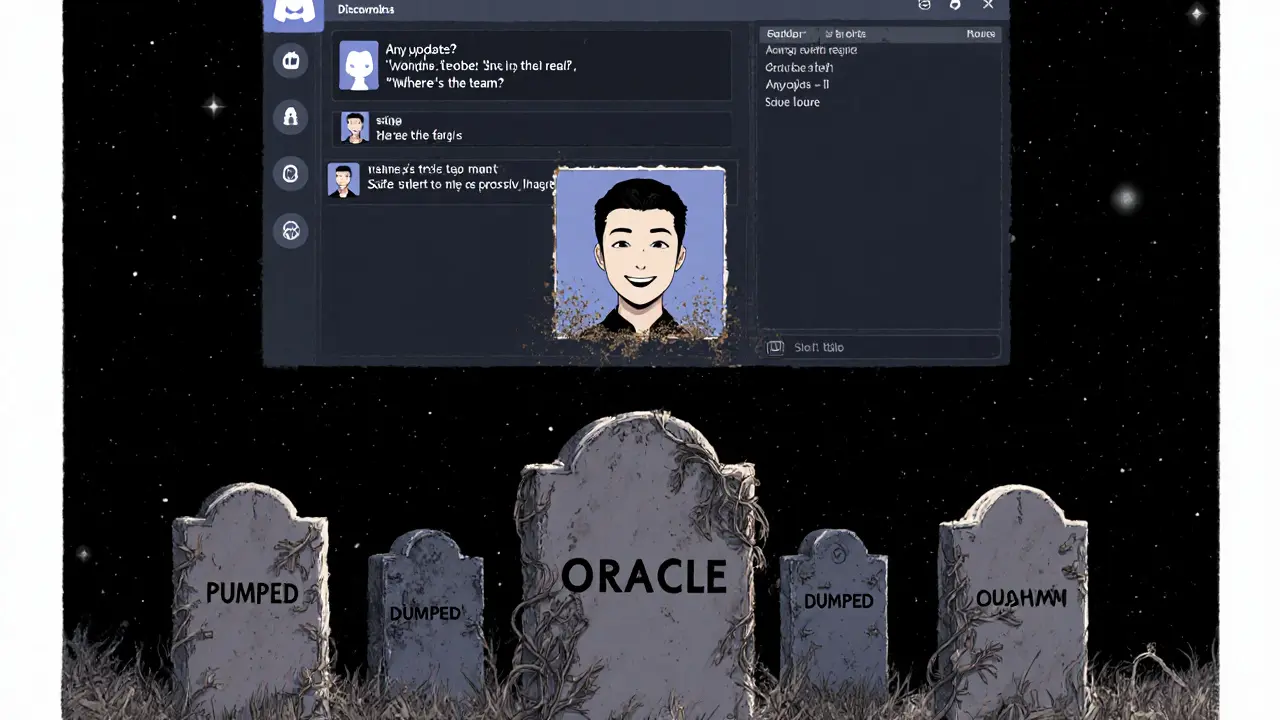 A frozen Discord server in void space, with ORACLE token tombstones and fading team profile.