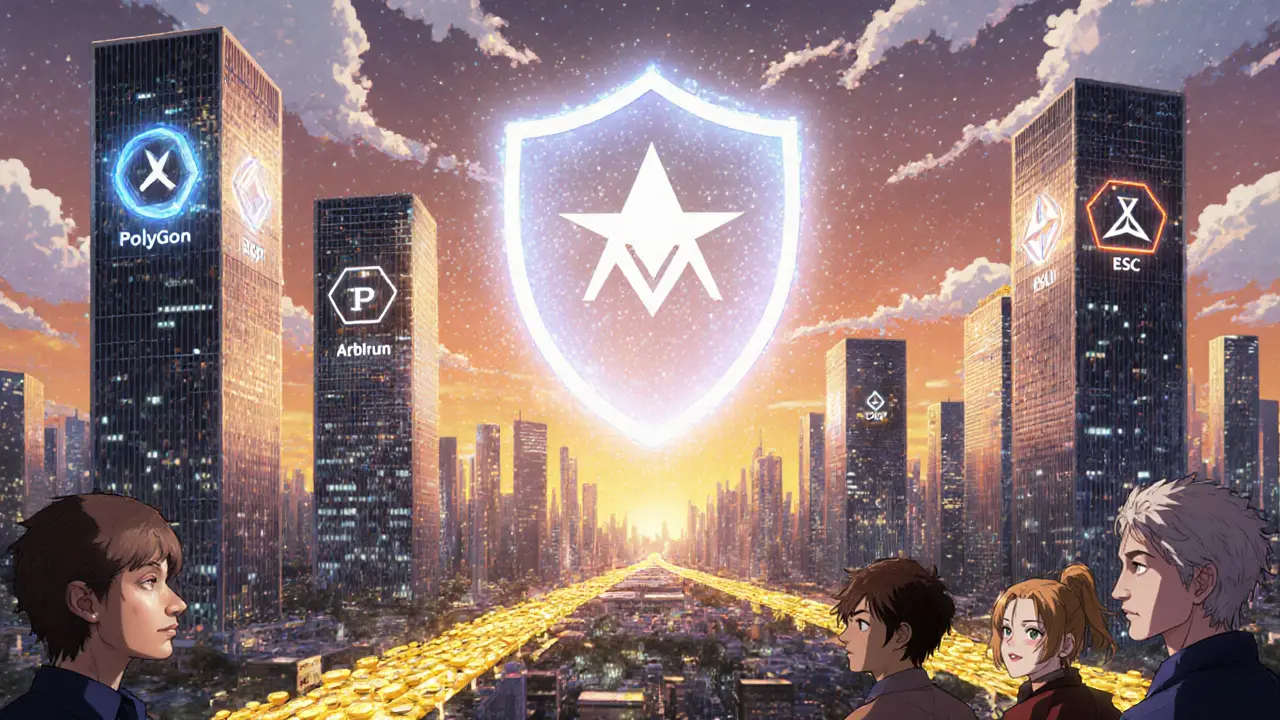 A futuristic city of blockchain towers connected by golden ELK token rivers under a protection shield.