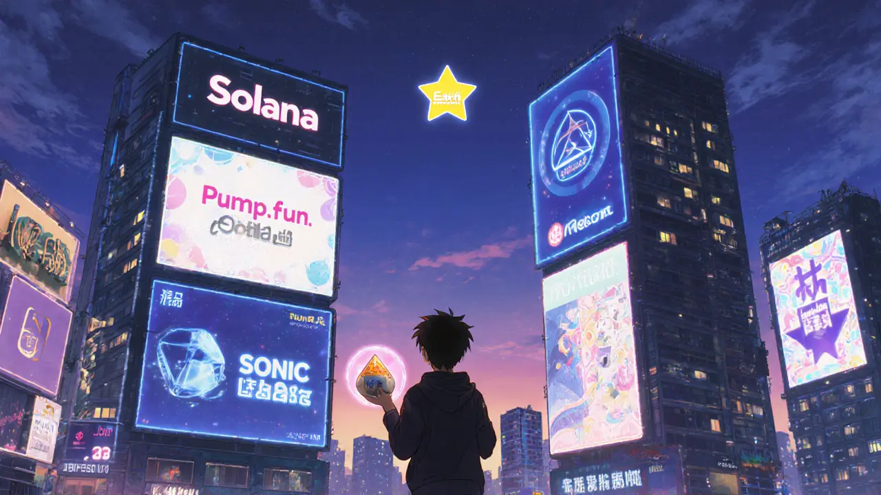 A futuristic Solana city with real 2025 airdrop projects glowing in neon, a hero holding a fractional NFT token.