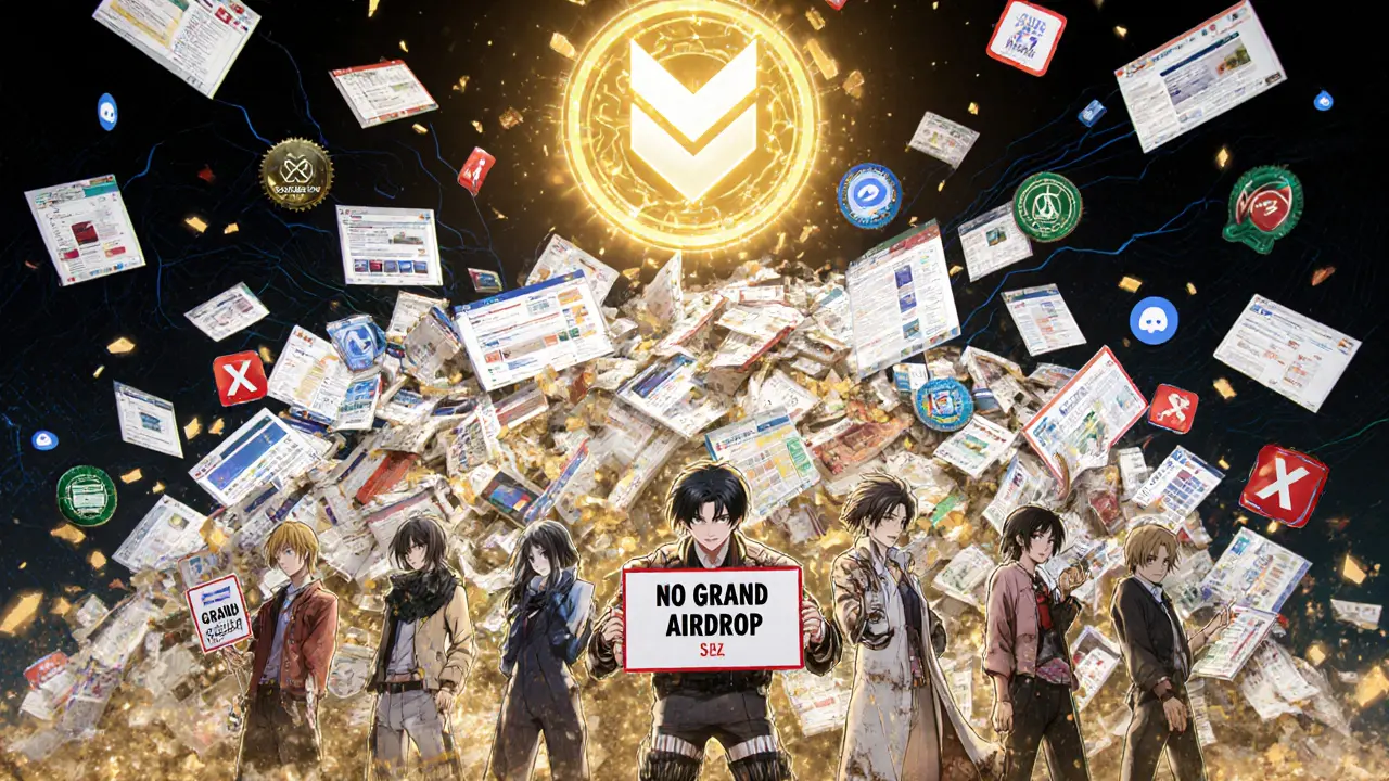 A group of people standing together against collapsing fake crypto scam websites, with the official Velas logo shining above.