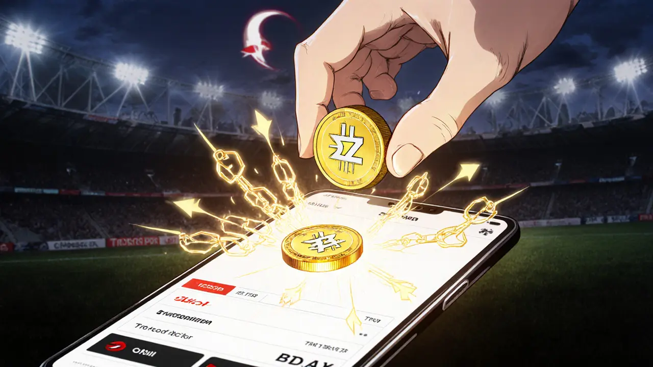 A hand transferring CHZ tokens to a smartphone app to receive TRA fan tokens.