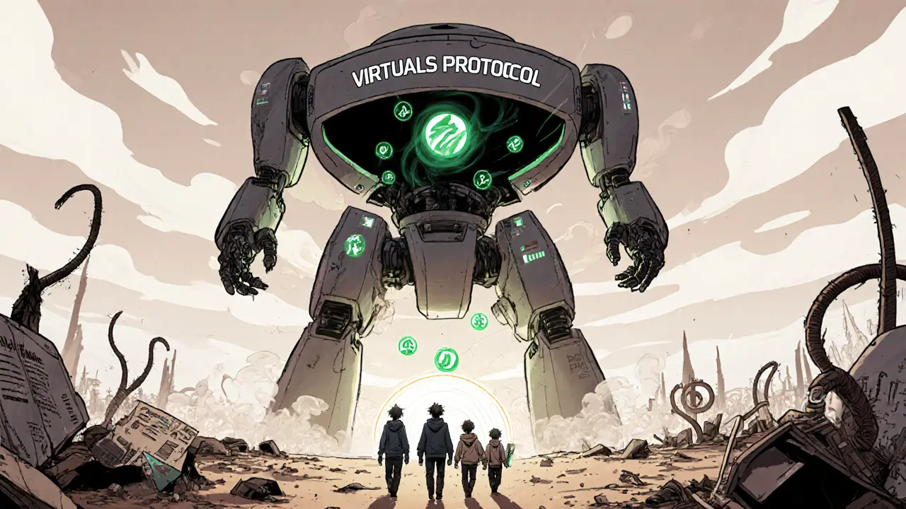 A hollow AI robot stands empty in a desert of discarded crypto papers.