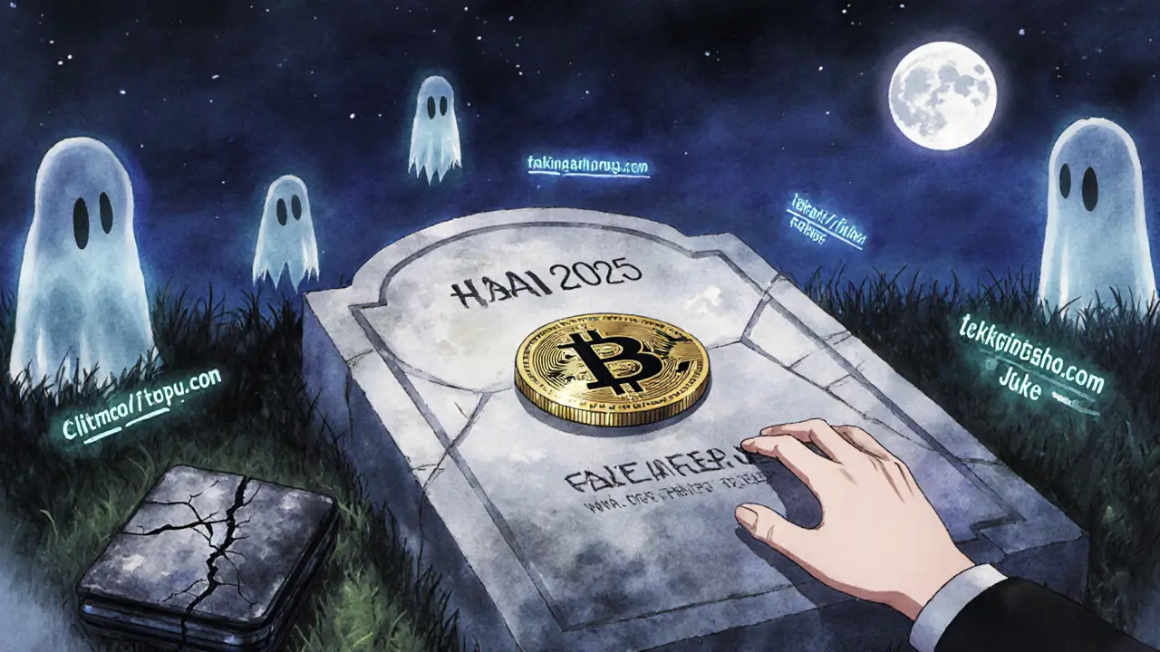 A lone HAI token on a gravestone with ghostly scam links floating nearby.