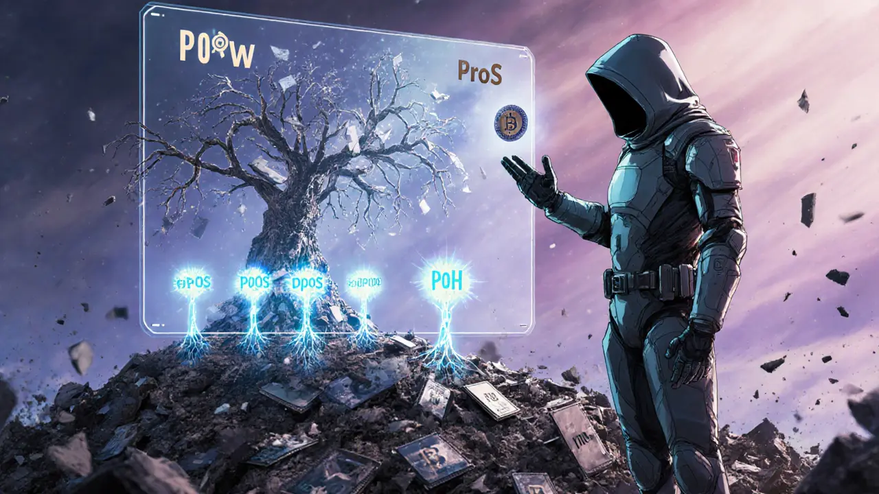 A miner on a pile of old mining hardware watching a blockchain tree transition from PoW to modern consensus models.