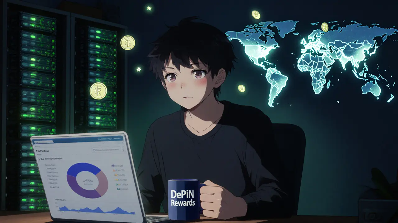 A person works at a desk with glowing hard drives and floating crypto tokens, representing decentralized storage contributions.