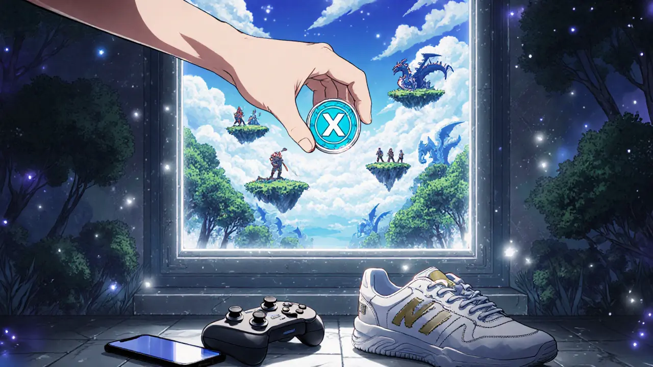 A portal transforming an XTER token into a vast living game world, with a controller and smartphone nearby.