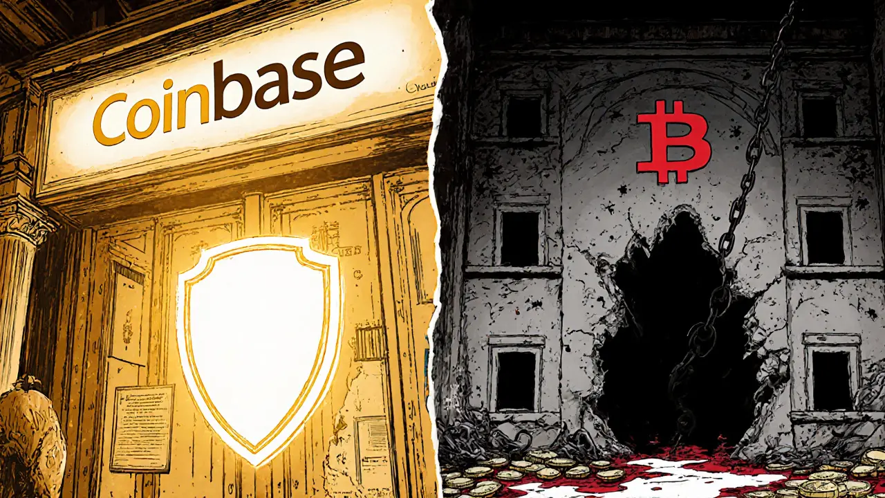 A split scene: trustworthy exchange with secure vaults vs. BTRL as a crumbling ghost building.