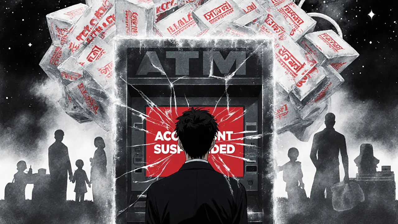 A trader faces a frozen ATM, ghostly memories fading behind him as illegal blockchain blocks loom.