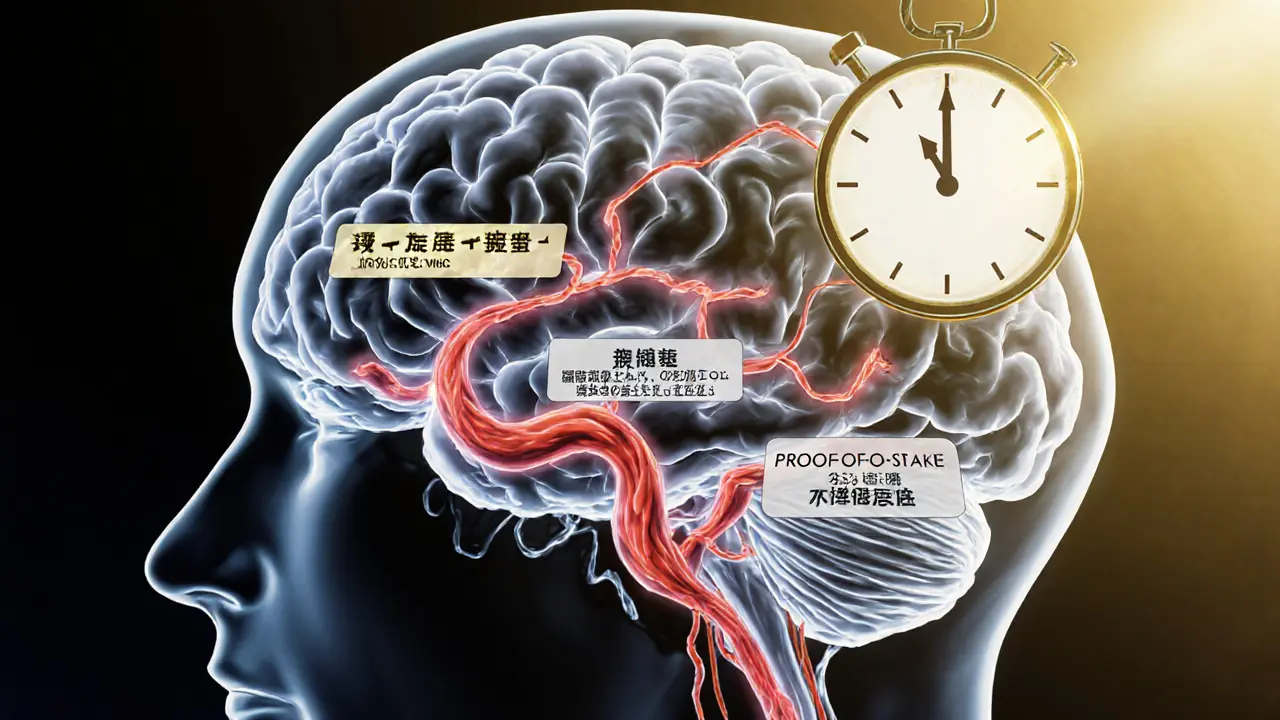 A translucent brain showing three blockchain pathways—fading PoW versus glowing PoS and PoH with a 2030 clock above.