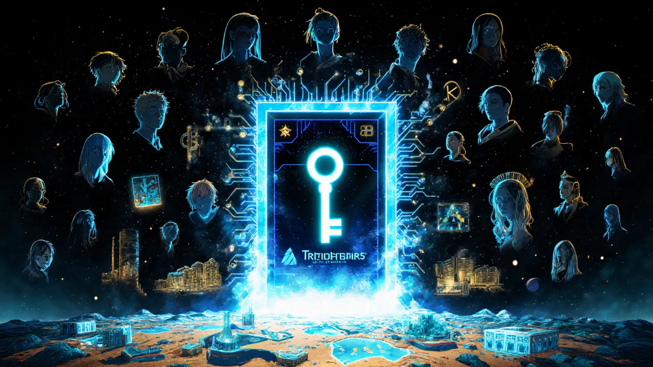 A TrillioHeirs NFT key unlocks a door to DeFi ecosystems and global impact, with 88 holders in silhouette.